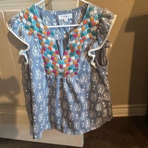 THML flutter sleeve embroidered women’s top medium denim blue